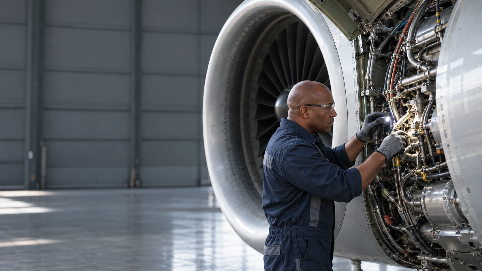 KI-generiertes fotorealistisches Bild: Techniker bei der Prüfung von Turbofan-Komponenten.